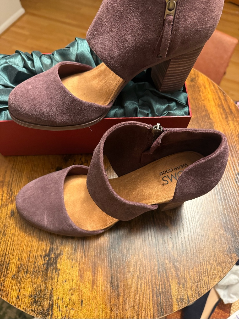 TOMS Suede Ankle-Strap Block Heels in Plum